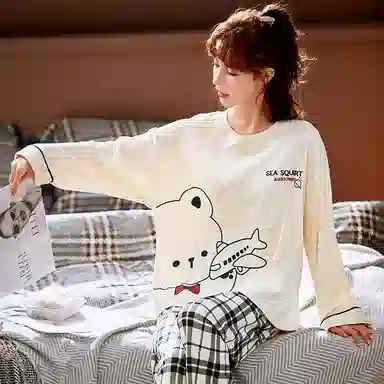 莫代尔 舒适柔软透气小熊印花亲肤长袖弹力裤腰不勒腹长裤可居家休闲外穿睡衣套装 女款 杏色