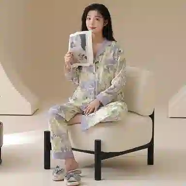 莫代尔 舒适亲肤开衫翻领长袖长裤韩版满印甜美时尚家居服可外穿睡衣套装 女款 杏色