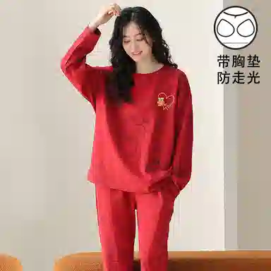 莫代尔 中国风喜庆时尚柔软舒适微弹透气亲肤耐磨带胸垫长袖不易起球长裤不勒腹可居家休闲可外穿睡衣套装 女款 红色