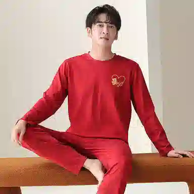 莫代尔 喜庆时尚潮流柔软青春轻薄亲肤舒适套头长袖长裤可外穿睡衣套装 男款 红色