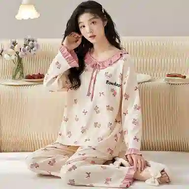 莫代尔 柔软显瘦轻盈简约亲肤韩版长袖长裤可外穿家居服睡衣套装 女款 杏色