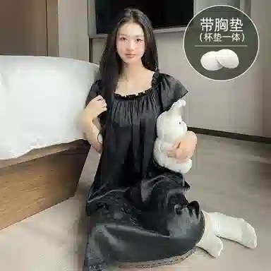 莫代尔 休闲简约甜美短袖宽松百搭带胸垫防凸点舒适柔软细腻可外穿夏季睡裙 女款 黑色