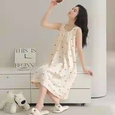 莫代尔 休闲简约圆领百搭亲肤透气带胸垫可外穿无袖睡裙 女款 杏色