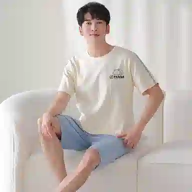 莫代尔 简约时尚卡通小熊舒适透气短袖休闲可外穿五分裤睡衣套装 男款 杏色