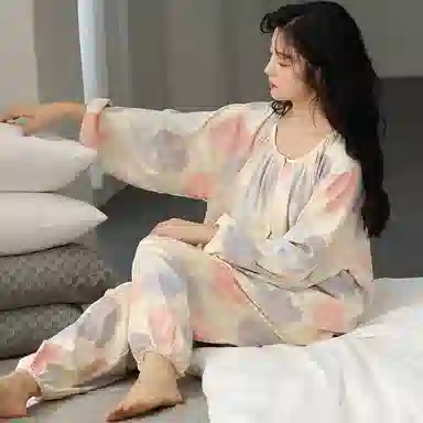 莫代尔 舒适轻盈透气耐磨吸汗细腻柔软亲肤居家可外穿开衫长袖长裤睡衣套装 女款 杏色