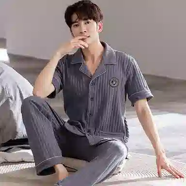 莫代尔 韩版耐磨耐穿舒适翻领开衫简约休闲时尚气质百搭宽松无束缚短袖长裤两件套家居服可外穿睡衣套装 男款
