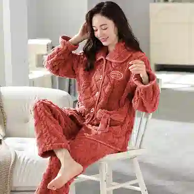 莫代尔 舒适透气宽松不臃肿显瘦亲肤细腻长袖上衣不勒腹可外穿家居服加厚保暖长裤秋冬睡衣套装 女款 橙红色