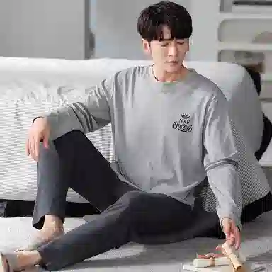 莫代尔 纯色简约亲肤休闲套头圆领长袖长裤可外穿睡衣套装 男款 浅花灰