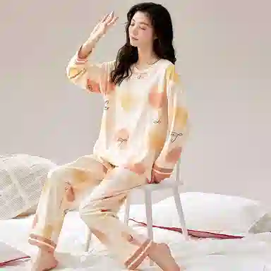 莫代尔 舒适柔软高透气亲肤长袖弹力裤腰不勒腹长裤可居家休闲外穿睡衣套装 女款 杏色