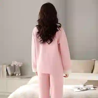 莫代尔 简约舒适保暖蓄热亲肤时尚开衫长袖气质休闲不易起球长裤睡衣套装 女款 粉红色
