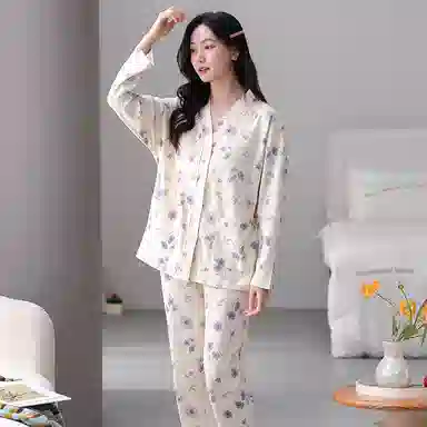 莫代尔 小清新透气亲肤开衫长袖长裤居家服可外穿睡衣套装 女款 白色