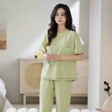 莫代尔 舒适简约时尚气质圆领套头个性百搭柔软亲肤不易起球短袖长裤可外穿夏季睡衣套装 女款 浅绿色