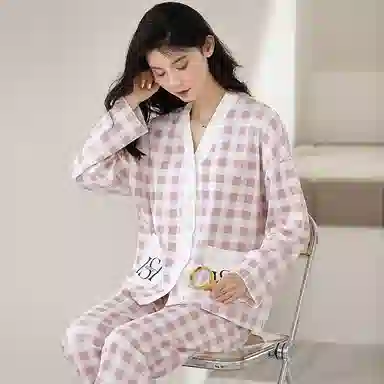 莫代尔 抗菌时尚亲肤舒适甜美柔软透气长袖长裤可外穿家居服睡衣套装 女款 粉红色