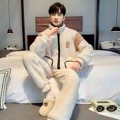 莫代尔 舒适保暖韩版时尚卡通可外穿休闲简约睡衣套装 男款 杏色