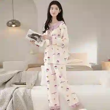 莫代尔 吸湿排汗微弹亲肤耐磨细腻舒适柔软透气可居家休闲可外穿长袖长裤睡衣套装 女款 杏色