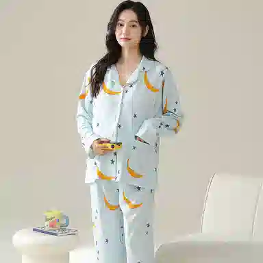 莫代尔 简约风舒适轻薄柔软温柔透气亲肤吸湿排汗翻领开衫长袖长裤家居服可外穿睡衣套装 女款 浅蓝色