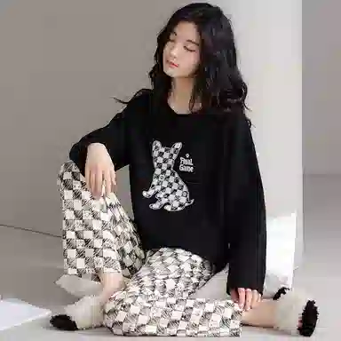 莫代尔 圆领简约舒适长袖上衣松紧腰长裤睡衣套装 女 黑色