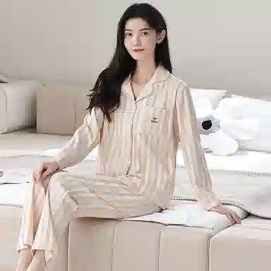 莫代尔 简约亲肤舒适长袖长裤甜美时尚翻领家居服可外穿家居服睡衣套装 女款 杏色