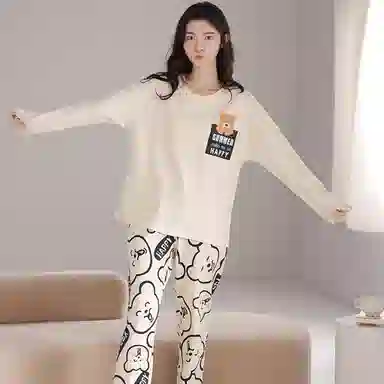 莫代尔 舒适柔软微弹透气吸湿亲肤耐磨长袖长裤不勒腹可居家休闲可外穿睡衣套装 女款 杏色