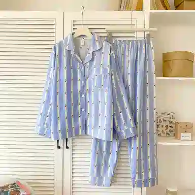 莫代尔 开衫翻领满印时尚甜美亲肤长袖长裤家居服可外穿睡衣套装 女款 浅蓝色