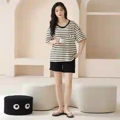 莫代尔 薄款抗菌防螨带胸垫防凸点条纹可外穿简约休闲睡衣套装 女款 杏色