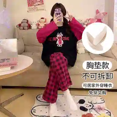 莫代尔 亲肤透气柔软圆领套头舒适宽松百搭带胸垫长袖春秋季睡衣套装 女款 紫红色