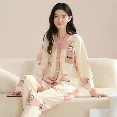 莫代尔 亲肤舒适长袖不勒腹长裤可居家休闲可外穿睡衣套装 女款 杏色