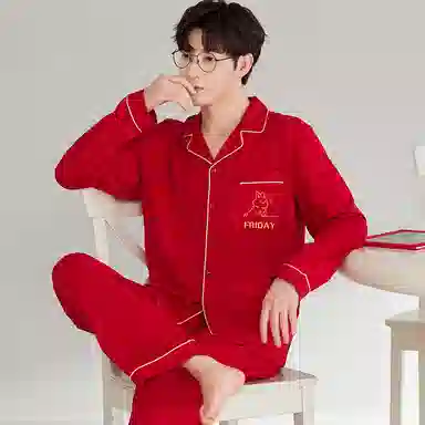 莫代尔 时尚开衫显瘦长袖长裤简约亲肤舒适家居服可外穿睡衣套装 男女同款 红色