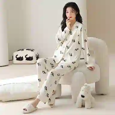 莫代尔 舒适亲肤开衫长袖长裤卡通满印孕妇月子服睡衣套装 女款 杏色