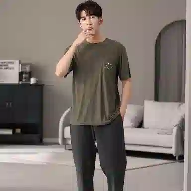 莫代尔 休闲舒适亲肤纯色透气圆领套头短袖上衣松紧腰长裤睡衣套装 男款 橄榄色