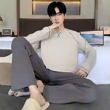 莫代尔 亲肤舒适长袖长裤套头圆领可外穿简约时尚素色睡衣套装 男款 卡其色