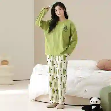 莫代尔 亲肤舒适柔软丝滑透气微弹耐磨吸湿排汗带胸垫防凸点长袖长裤休闲可外穿睡衣套装 女款 黄绿色