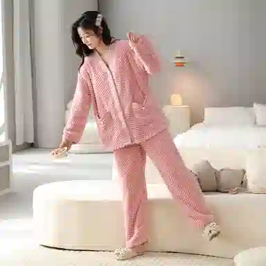 莫代尔 亲肤保暖开衫纯色家居服可外穿睡衣套装 女款 粉色