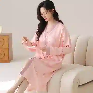 莫代尔 柔软舒适亲肤透气可调节裤腰可外穿长袖睡衣套装 女款 桃色