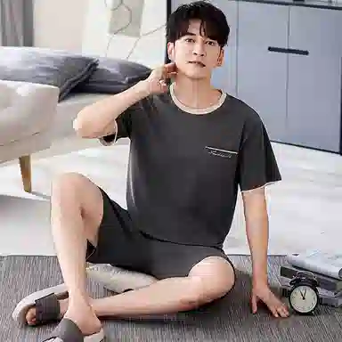 莫代尔 舒适休闲个性大方圆领套头轻盈透气柔软细腻耐磨耐穿短袖短裤两件套家居服可外穿睡衣套装 男款