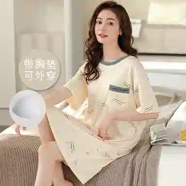 莫代尔 舒适柔软微弹亲肤细腻透气耐磨自带可拆卸胸垫防凸点休闲可外穿短袖睡裙 女款 杏色