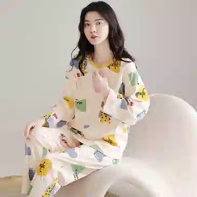 莫代尔 舒适柔软透气亲肤耐磨吸湿排汗长袖长裤不勒腹可居家休闲可外穿睡衣套装 女款 杏色