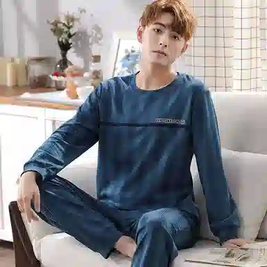莫代尔 轻盈透气亲肤吸湿排汗舒适耐磨柔软微弹可居家休闲可外穿长袖长裤睡衣套装 男款 藏青色