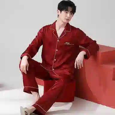 莫代尔 舒适柔软细腻亲肤微弹透气耐磨冰丝圆润纽扣不伤手开衫长袖松紧裤腰不勒腹长裤可居家休闲可外穿睡衣套装 男款 砖红色