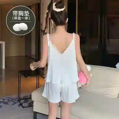 莫代尔 百搭细腻带胸垫防凸点吊带上衣家居服可外穿三分裤夏季睡衣套装 女款 白色