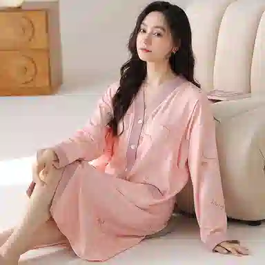 莫代尔 柔软舒适亲肤透气可调节裤腰可外穿长袖睡衣套装 女款 桃色