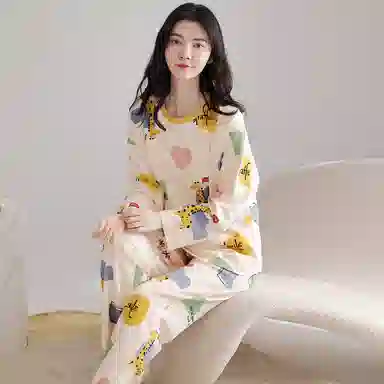 莫代尔 舒适柔软透气亲肤耐磨吸湿排汗长袖长裤不勒腹可居家休闲可外穿睡衣套装 女款 杏色