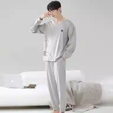 莫代尔 轻盈吸湿排汗舒适亲肤耐磨柔软微弹透气可居家休闲可外穿长袖长裤睡衣套装 男款 浅灰色