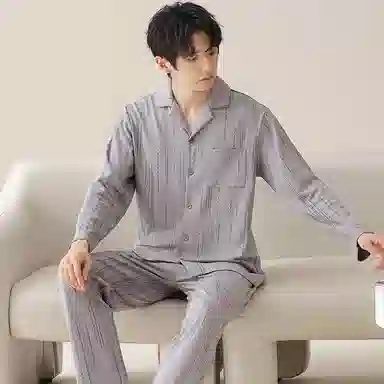 莫代尔 亲肤柔软舒适微弹透气耐磨开衫长袖弹力裤腰不勒腹可居家休闲长裤可外穿睡衣套装 男款 银色