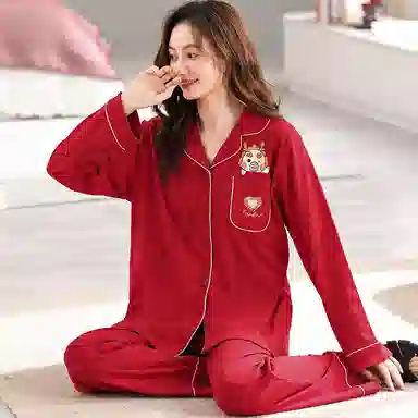 莫代尔 简约喜庆舒适亲肤翻领开衫长袖韩版甜美透气可外穿长裤睡衣套装 女款 红色