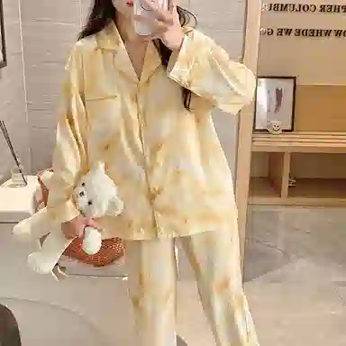 莫代尔 简约亲肤带胸垫防凸点翻领开衫长袖时尚可外穿长裤睡衣套装 女 杏色