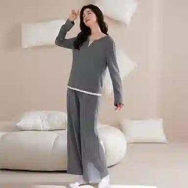 莫代尔 宽松百搭舒适亲肤圆领套头气质轻柔细腻长袖长裤可外穿夏季睡衣套装 男女同款