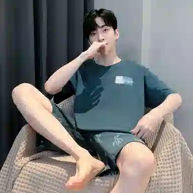 莫代尔 简约休闲透气圆领短袖上衣可外穿家居服五分裤睡衣套装 男款 孔雀绿