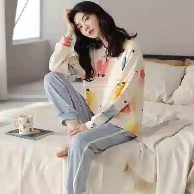 莫代尔 纯棉微弹吸湿排汗耐磨细腻舒适透气柔软亲肤轻盈可居家休闲可外穿长袖睡衣套装 女款 杏色