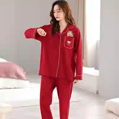 莫代尔 简约喜庆舒适亲肤翻领开衫长袖韩版甜美透气可外穿长裤睡衣套装 女款 红色